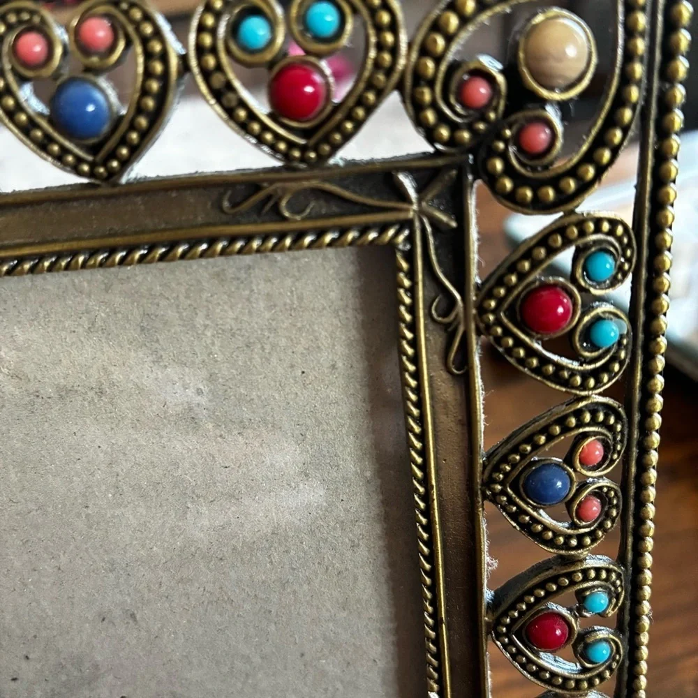 Vintage Brass Filigree Heart Beaded Picture Frame Boho Gold Tone